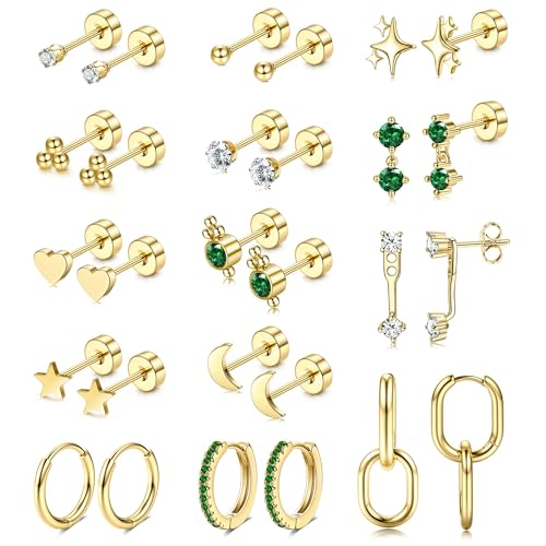 Chriscoco 14 Paar Ohrringe Gold Set Piercing Ohr Gold Chirurgenstahl Ohrringe Medizinische Ohrstecker Creolen Hängend Goldene Ohrringe Damen Hypoallergene Helix Piercings Tragus Piercing von Chriscoco