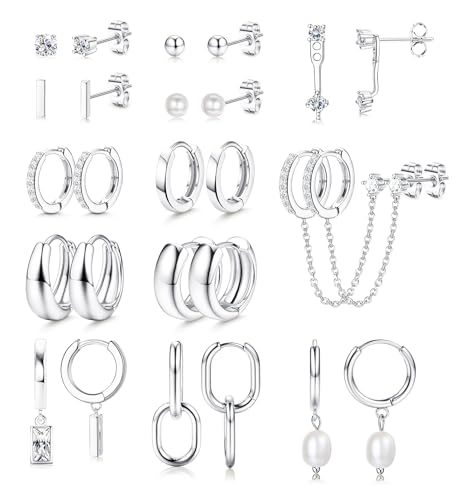 Chriscoco 13 Paare Ohrringe Silber Set Silber Ohrringe Damen Ohrringe Creolen Silber Kleine Ohrstecker Hypoallergen Leichtgewicht Ohrringe Silber Wasserfest Creolen mit Anhänger von Chriscoco