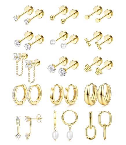 Chriscoco 15Paar Chirurgenstahl Ohrringe Set Piercing Ohr Gold Hypoallergene Medizinische Ohrstecker Damen Creolen Mit Anhänger Tragus Helix Piercings von Chriscoco
