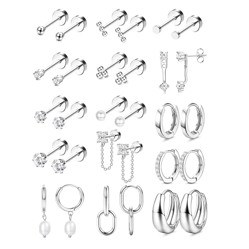 Chriscoco 15Paar Chirurgenstahl Ohrringe Set Piercing Ohr Silber Hypoallergene Medizinische Ohrstecker Damen Creolen Mit Anhänger Tragus Helix Piercings von Chriscoco