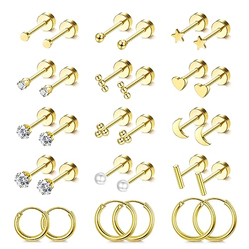 Chriscoco 15Paar Ohrringe Edelstahl Damen Kleine Ohrstecker Set Hypoallergen Kleine Creolen Kugel Pearl Moon CZ Flache Ohrringe Knorpel Helix Ohrringe Piercing Ohr für Frauen Mädchen von Chriscoco