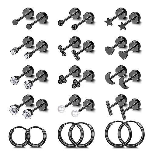 Chriscoco 15Paar Ohrringe Edelstahl Damen Kleine Ohrstecker Set Hypoallergen Kleine Creolen Kugel Pearl Moon CZ Flache Ohrringe Knorpel Helix Ohrringe Piercing Ohr für Frauen Mädchen von Chriscoco