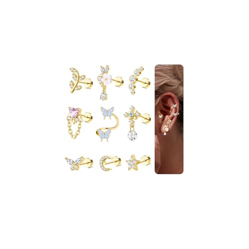 Chriscoco 16G Helix Piercings Chirurgenstahl Piercing Ohr Tragus Piercing Gold CZ Schmetterling Blume Mond Flache Rückseite Pircingssets Ohr Ohrringe Ohrstecker Knorpel Conch Piercing von Chriscoco