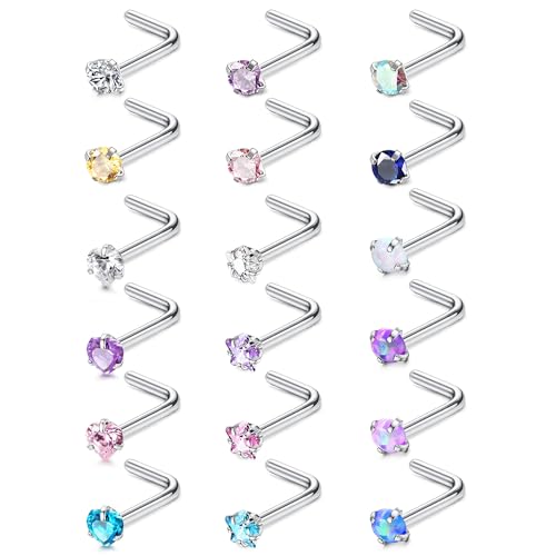 Chriscoco 18 Stück 20G Nasenpiercing Stecker Chirurgenstahl Nostril Piercing Zirconia Opal Piercing Nase Silber Nasenstecker Nasenpiercing Schmuck für Damen Herren L-förmig von Chriscoco
