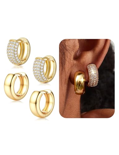 Chriscoco 2Paar Creolen Gold Ohrringe Creolen Ohrringe Gold Set für Mehrere Piercings Hypoallergene Ohrringe Gold CZ Klein Leichte Goldene Ohrringe Damen von Chriscoco