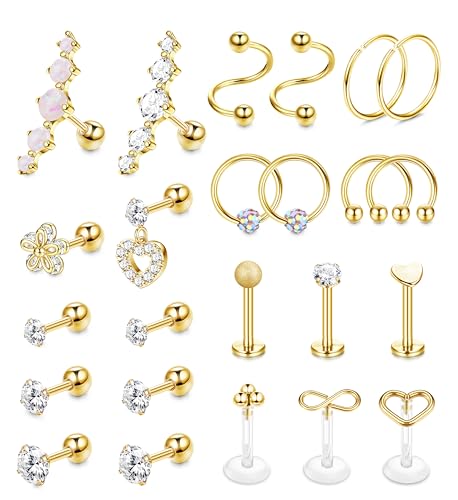 Chriscoco 24Pcs 16G Helix Piercings Chirurgenstahl Tragus Piercing Ohrpiercing Conch Knorpel Ohrringe Lippenpiercing Labret Septum Piercing Schmuck Damen Gold Piercing Ohr Set von Chriscoco