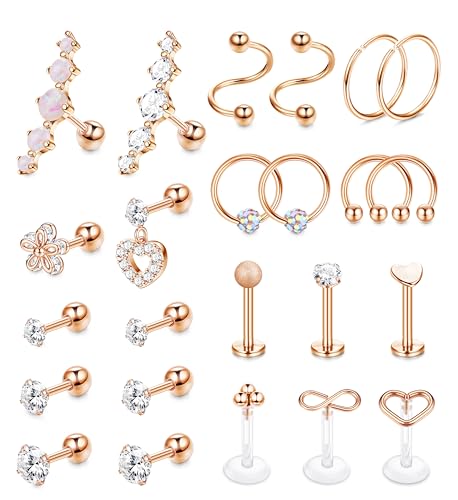 Chriscoco 24Pcs 16G Helix Piercings Chirurgenstahl Tragus Piercing Ohrpiercing Conch Knorpel Ohrringe Lippenpiercing Labret Septum Piercing Schmuck Damen Rosegold Piercing Ohr Set von Chriscoco