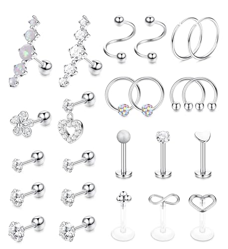 Chriscoco 24Pcs 16G Helix Piercings Chirurgenstahl Tragus Piercing Ohrpiercing Conch Knorpel Ohrringe Lippenpiercing Labret Septum Piercing Schmuck Damen Silber Piercing Ohr Set von Chriscoco