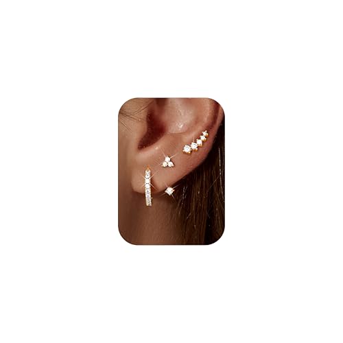 Chriscoco 3 Paar Ohrringe Gold Set für Damen 14 Karat Vergoldet Kleine Ohrstecker Silber Zirkonia Creolen Ohrringe Stecker für Mehrere Ohrlöcher von Chriscoco
