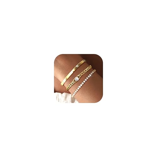 Chriscoco 3Pcs Armband Damen Gold 14 Karat Vergoldet Edelstahl Armband Damen Verstellbare Armbänder Gold Twist Figaro Schlange Armband Set Tennis Armband Goldene Armbänder Schmuck für Frauen von Chriscoco