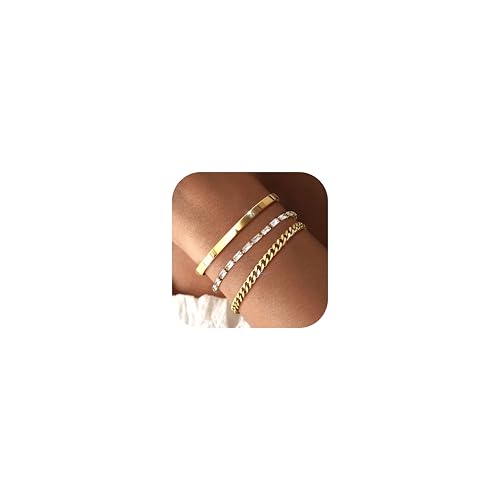 Chriscoco 3Pcs Armband Damen Gold 14 Karat Vergoldet Edelstahl Armband Damen Verstellbare Armbänder Gold Tennis Armband Twist Figaro Schlange Armband Set Goldene Armbänder Schmuck für Frauen Mädchen von Chriscoco