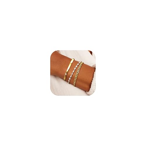 Chriscoco 3Pcs Armband Damen Gold 14 Karat Vergoldet Edelstahl Armband Damen Verstellbare Armbänder Gold Tennis Armband Twist Figaro Schlange Armband Set Goldene Armbänder Schmuck für Frauen Mädchen von Chriscoco
