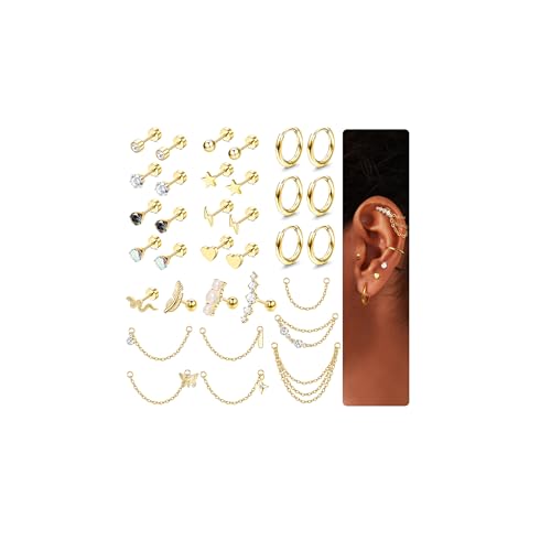 Chriscoco 33Pcs Helix Piercings 𝐂𝐡𝐢𝐫𝐮𝐫𝐠𝐞𝐧𝐬𝐭𝐚𝐡𝐥 Piercing Ohr Tragus Piercing Ohrstecker Gold/Silber/Schwarz Damen Creolen Ohrringe mit Kette Conch Daith Tragus Knorpel Piercing Set von Chriscoco