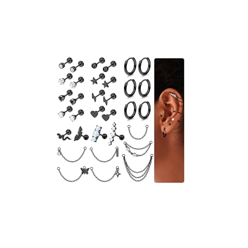Chriscoco 33Pcs Helix Piercings 𝐂𝐡𝐢𝐫𝐮𝐫𝐠𝐞𝐧𝐬𝐭𝐚𝐡𝐥 Piercing Ohr Tragus Piercing Ohrstecker Gold/Silber/Schwarz Damen Creolen Ohrringe mit Kette Conch Daith Tragus Knorpel Piercing Set von Chriscoco