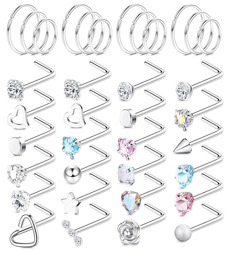 Chriscoco 36Pcs 18G 20G Nasenpiercing Chirurgenstahl Nasenpiercing Ring Nostril Piercing Zirconia Opal Nasenringe Silber Nasenstecker Nasenpiercing Stecker Schmuck für Damen Herren von Chriscoco