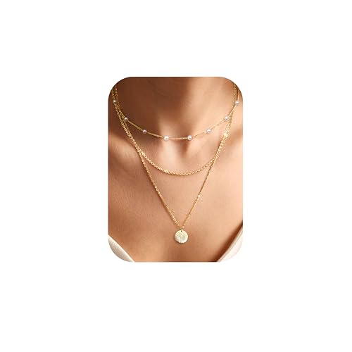 Chriscoco 3Pcs Halskette Damen Gold Layering Kette Gold Wasserfest 14K Vergoldete Ketten Set Goldkette mit Anhänger Perlenkette Damen CZ Herz Kreuz Kette Damen Schmuck Damen Gold-Mit Schmuckschatulle von Chriscoco