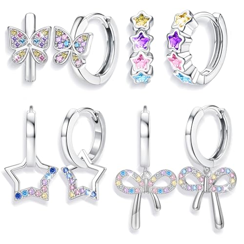 Chriscoco Creolen Silber Kinder Mädchen,Kinder Ohrringe Mädchen Creolen Klein Set, Hypoallergen Mädchen Ohrringe Silber Hängend mit Anhänger Herz Stern Schmetterling Rosa Blau Violett Lila Zirkonia von Chriscoco