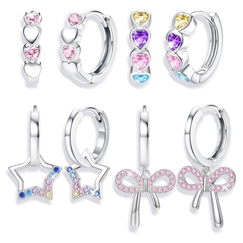 Chriscoco Creolen Silber Kinder Mädchen,Kinder Ohrringe Mädchen Creolen Klein Set, Hypoallergen Mädchen Ohrringe Silber Hängend mit Anhänger Herz Stern Schmetterling Rosa Blau Violett Lila Zirkonia von Chriscoco