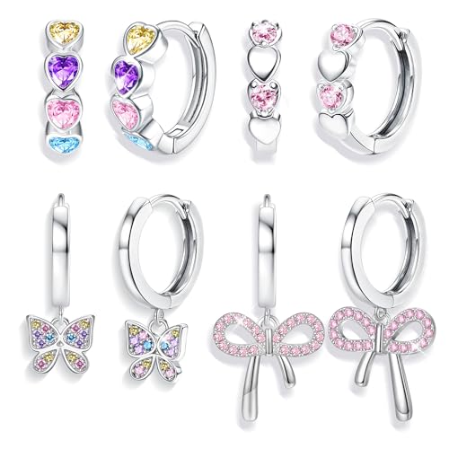 Chriscoco Creolen Silber Kinder Mädchen,Kinder Ohrringe Mädchen Creolen Klein Set, Hypoallergen Mädchen Ohrringe Silber Hängend mit Anhänger Herz Stern Schmetterling Rosa Blau Violett Lila Zirkonia von Chriscoco