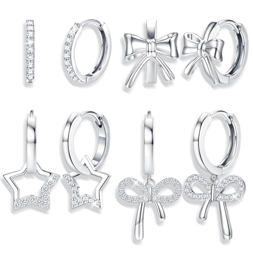 Chriscoco Creolen Silber Kinder Mädchen,Kinder Ohrringe Mädchen Creolen Klein Set, Hypoallergen Mädchen Ohrringe Silber Hängend mit Anhänger Herz Stern Schmetterling Rosa Blau Violett Lila Zirkonia von Chriscoco