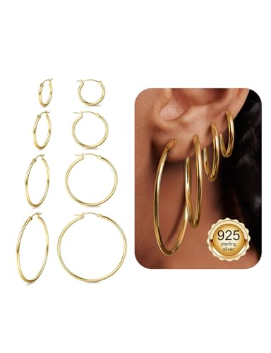 Chriscoco 4 Paar Creolen Silber 925 Creolen Gold Hypoallergene Ohrringe Creolen 14K Vergoldete Ohrringe Damen Ohrringe Gold Creolen Leichte Ohrringe Silber 925 Creolen 14/20/30/40MM von Chriscoco