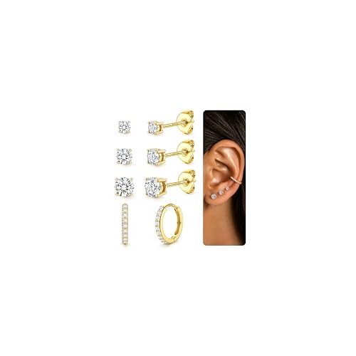 Chriscoco 4 Paar Ohrringe Silber 925 Set 18K Vergoldet Ohrstecker Gold Damen Helix Piercing Ohr Zirkonia Creolen Ohrringe für Mehrere Ohrlöcher von Chriscoco