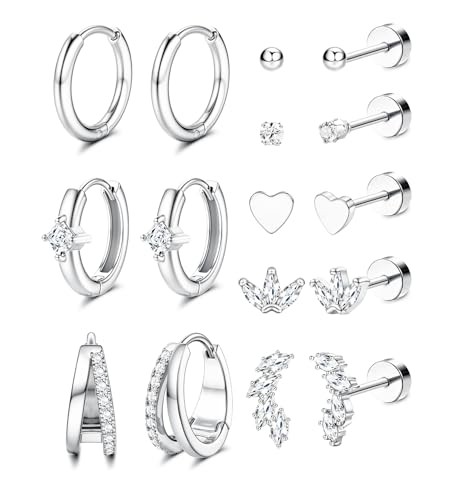 Chriscoco 8Paar Ohrringe Gold Set Damen Chirurgenstahl Ohrringe Silber Medizinische Ohrstecker Hypoallergene Klein Creolen Piercing Ohr Silber Tragus Helix Piercings von Chriscoco
