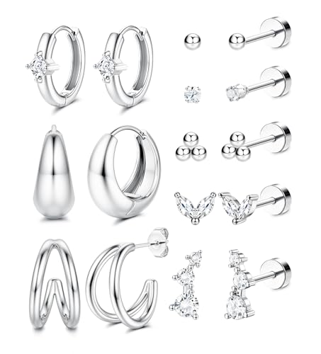Chriscoco 8Paar Ohrringe Gold Set Damen Chirurgenstahl Ohrringe Silber Medizinische Ohrstecker Hypoallergene Klein Creolen Tragus Helix Piercings Piercing Ohr Silber von Chriscoco