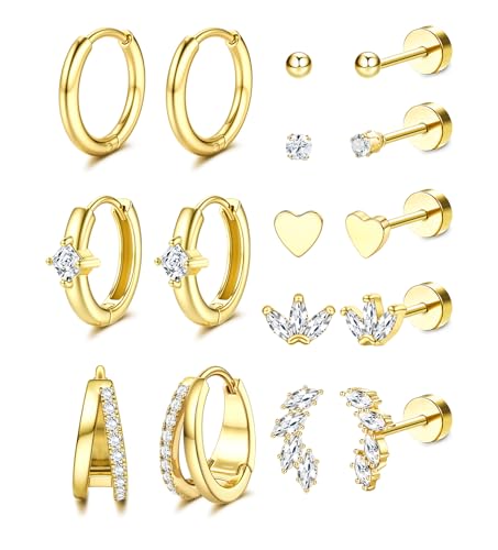 Chriscoco 8Paar Ohrringe Gold Set Damen Chirurgenstahl Ohrringe Silber Medizinische Ohrstecker Hypoallergene Klein Creolen Piercing Ohr Gold Tragus Helix Piercings von Chriscoco