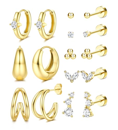 Chriscoco 8Paar Ohrringe Gold Set Damen Chirurgenstahl Ohrringe Silber Medizinische Ohrstecker Hypoallergene Klein Creolen Tragus Helix Piercings Piercing Ohr Gold von Chriscoco