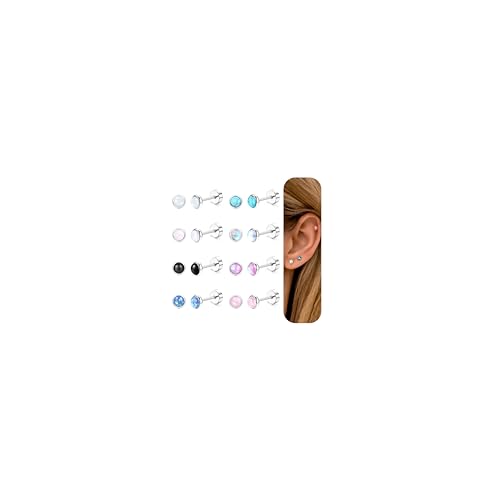 Chriscoco 8 Paar Ohrringe Mädchen Damen Ohrringe Chirurgenstahl Tragus Helix Piercings Opal Türkis Mondstein Flache Ohrringe Knorpel Piercings Ohrloch Stecher Set Silber Ohrringe Damen 4 mm von Chriscoco