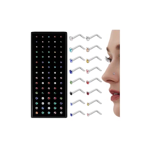 Chriscoco 80-160Pcs 20G Nasenpiercing Chirurgenstahl Gerade/L-förmig Nasenstecker Klein Nasenpiercing Stecker für Frauen und Männer hypoallergen Tragus Ohrring Labret Piercing 1.5/2/2.5/3 mm mit CZ,F von Chriscoco