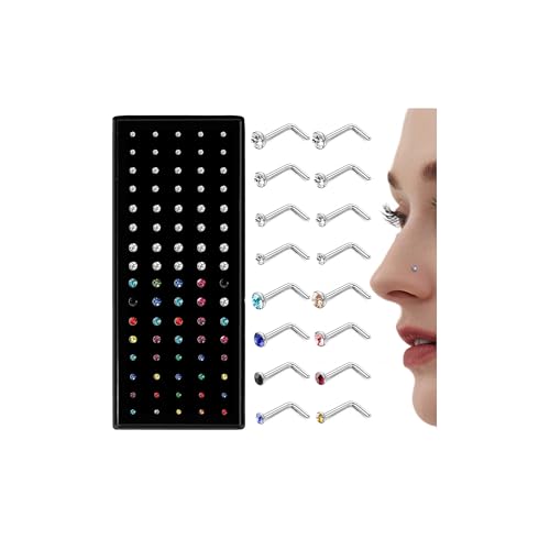 Chriscoco 80-160Pcs 20G Nasenpiercing Chirurgenstahl Gerade/L-förmig Nasenstecker Klein Nasenpiercing Stecker für Frauen und Männer hypoallergen Tragus Ohrring Labret Piercing 1.5/2/2.5/3 mm mit CZ,B von Chriscoco