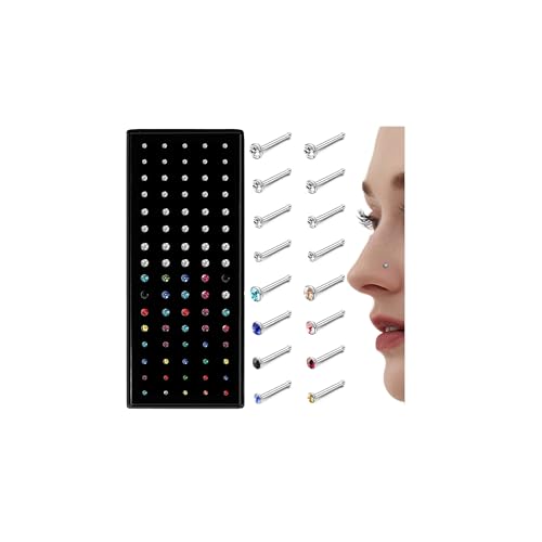 Chriscoco 80-160Pcs 20G Nasenpiercing Chirurgenstahl Gerade/L-förmig Nasenstecker Klein Nasenpiercing Stecker für Frauen und Männer hypoallergen Tragus Ohrring Labret Piercing 1.5/2/2.5/3 mm mit CZ,A von Chriscoco