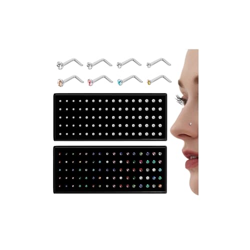 Chriscoco 80-160Pcs 20G Nasenpiercing Chirurgenstahl Gerade/L-förmig Nasenstecker Klein Nasenpiercing Stecker für Frauen und Männer hypoallergen Tragus Ohrring Labret Piercing 1.5/2/2.5/3 mm mit CZ,H von Chriscoco