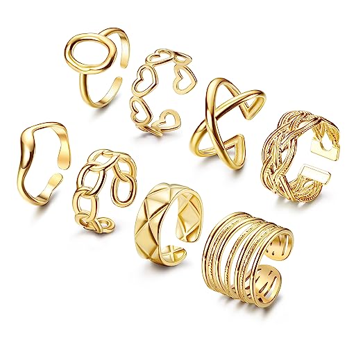 Chriscoco 8Stücke Edelstahl Ringe Set für Damen Knöchel Ringe Gold Boho Stapelbare Ring Offene Verstellbare Ringe Frauen von Chriscoco