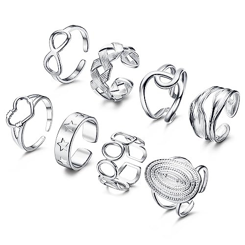 Chriscoco 8Stücke Edelstahl Ringe Set für Damen Mädchen Knöchel Ringe Silber Boho Stapelbare Ring Offene Verstellbare Ringe Frauen von Chriscoco