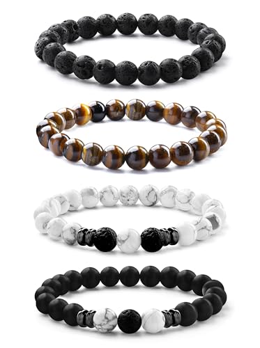 Chriscoco 8MM Perlenarmband Herren Handmade Naturstein Tigerauge Lavastein Elastische Armbänder von Chriscoco