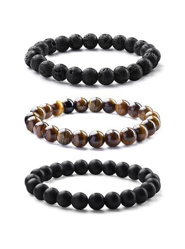 Chriscoco 8MM Perlenarmband - Herren Handmade Naturstein Armband mit Tigerauge und Lavastein - Elastisches Armband für Herren von Chriscoco