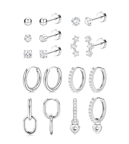 Chriscoco 9 Paar Ohrringe Gold Set für Damen Ohrringe Silber 316L Chirurgenstahl Medizinische Ohrstecker Creolen Klein Hypoallergene 14K Vergoldet Conch Tragus Helix Piercings Ohr Silber von Chriscoco