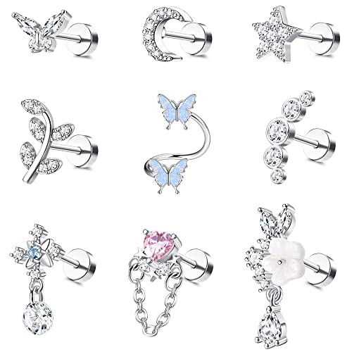 Chriscoco 9 Stück Helix Piercings Ohrringe Damen 16G Edelstahl Ohrstecker CZ Schmetterling Blume Mond Flache Rückseite Ohrringe Knorpel Daith Conch Rook Tragus Piercing Schmuck von Chriscoco