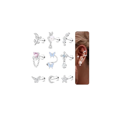 Chriscoco 16G Helix Ohrringe - Chirurgenstahl Tragus Silber CZ Schmetterling Blume Mond - Flache Rückseite Pircingssets Ohrstecker Knorpel Conch von Chriscoco