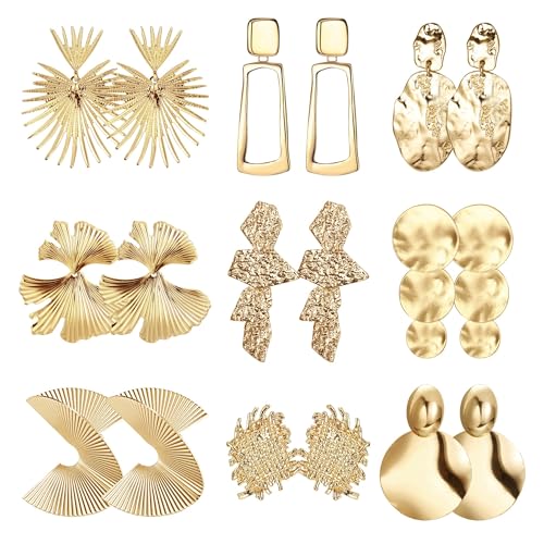 Chriscoco 9Paar Clip Statement Ohrringe für Damen Ohrringe Groß Ohrringe Gold Set Ohrringe Hängend Grosse Ohrringe Geometrische Tropfen Ohrringe Ohrclips von Chriscoco