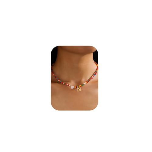 Chriscoco Bunte Perlenkette für Mädchen Damen, Handgefertigt Kette mit Buchstaben, Personalisierte Boho Choker Kette Schmuck Teenager Mädchen Damen, Geschenk Mädchen 7 Jahre, Geburtstagsgeschenk,N von Chriscoco