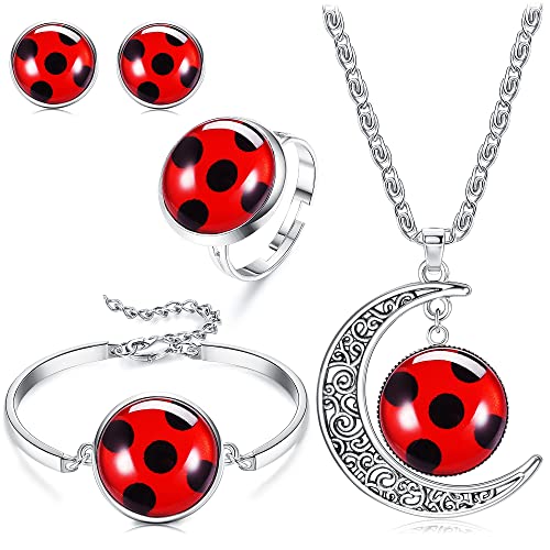 Chriscoco Viel Glück Marienkäfer Schmuck Rot Marienkäfer Armband Mond Halskette Ring Ohrstecker Set Marienkäfer Liebhaber Geschenk Insekt Wunsch Glücksgeschenk für Damen Mädchen von Chriscoco