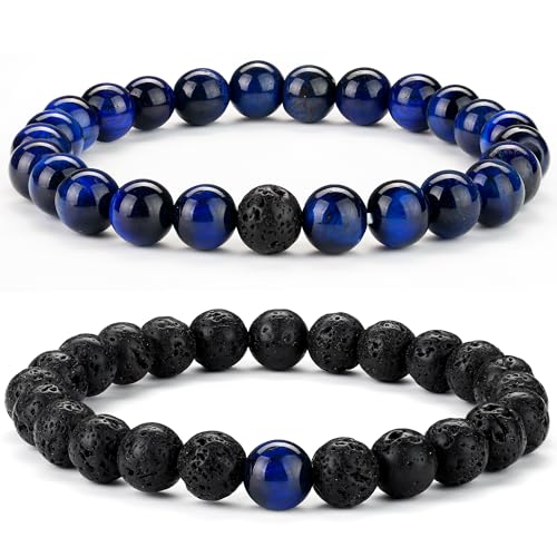 Chriscoco 8 mm Armband für Herren und Damen, Perlen-Armband, Paar, Armband, Naturstein, Tigerauge, Lavastein, Schmuck für Herren, 7.3 to 10.4 inches, Stein Metall, Ohne Schmucksteine von Chriscoco