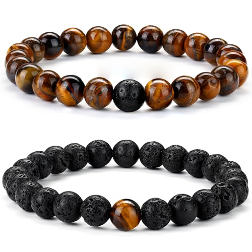 Chriscoco 8MM Perlenarmband Herren Damen Armband Herren Partnerarmbänder Handmade Naturstein Armband Tigerauge Armband Lavastein Armband Männer Armband Pärchen Armband Elastische Armbänder für Herren von Chriscoco