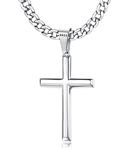 Chriscoco Kreuz Kette für Herren Damen 925 Sterling Silber Kreuz Anhänger mit Edelstahl Kubanische Kette Halskette 5MM Breit Silber Kette für Herren-56CM von Chriscoco