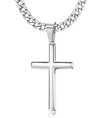 Chriscoco Kreuz Kette für Herren Damen 925 Sterling Silber Kreuz Anhänger mit Edelstahl Kubanische Kette Halskette 5MM Breit Silber Kette für Herren von Chriscoco