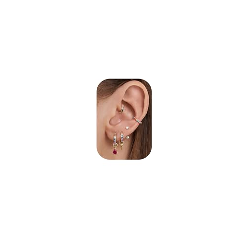 Chriscoco Ohrringe Silber/Gold Set für Damen, 14 Karat Vergoldet Kleine Ohrstecker Cubic Zirkon Creolen Ohrringe Helix Piercings Gold Hängend, Piercing Ohr Damen Schmuck Set für Mehrere Piercings,D von Chriscoco